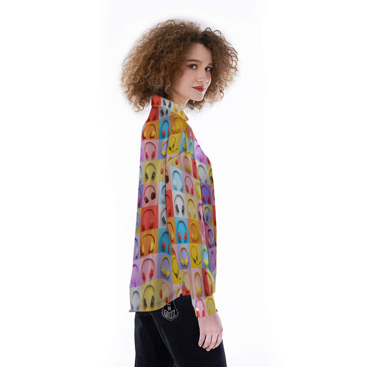 Headphones Pastel Print Pattern Women's Long Sleeve Shirts-grizzshop