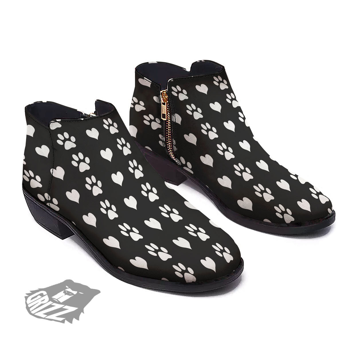 Heart And Black Paw Print Pattern Ankle Boots-grizzshop