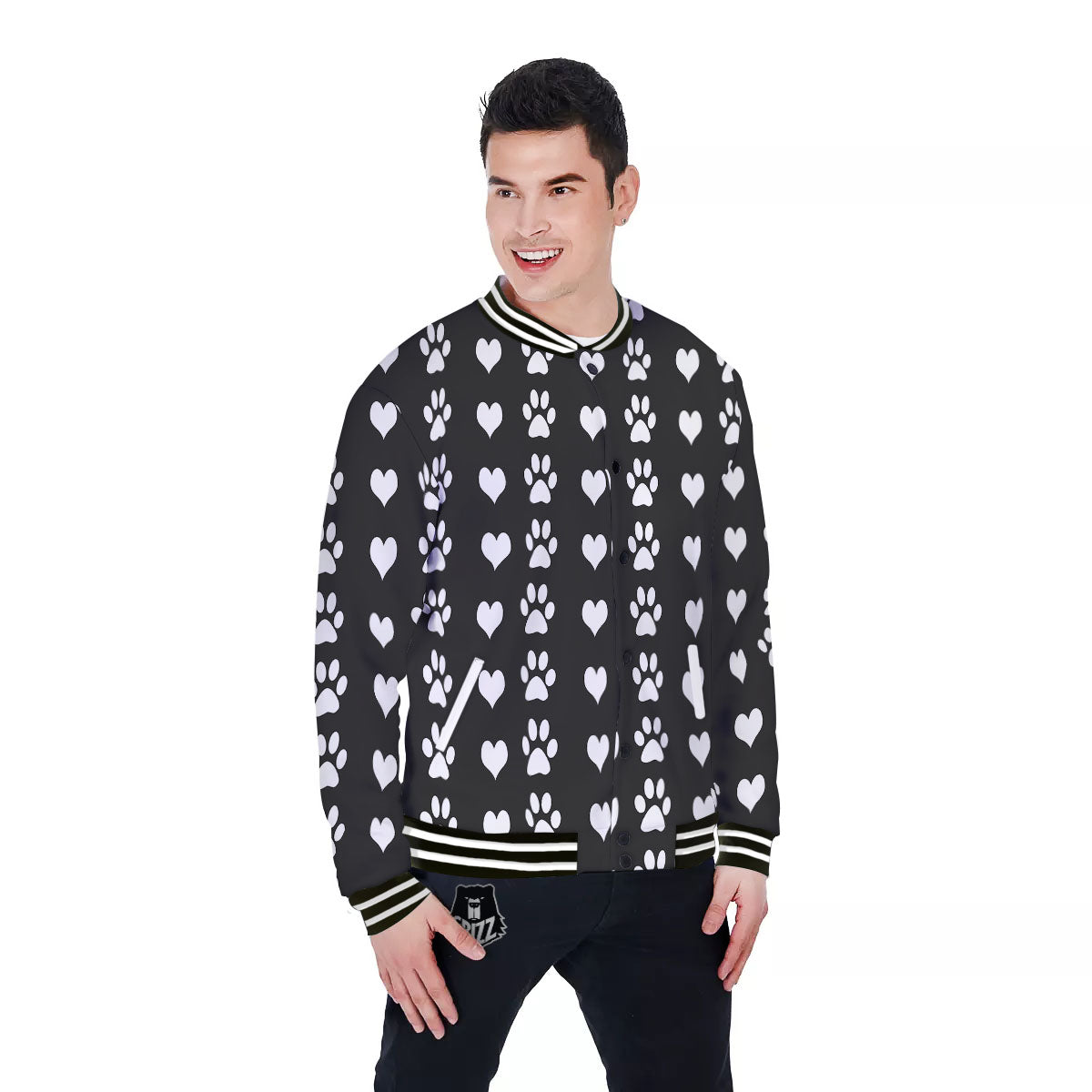 Heart And Black Paw Print Pattern Baseball Jacket-grizzshop