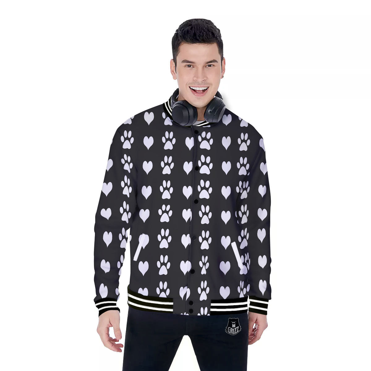 Heart And Black Paw Print Pattern Baseball Jacket-grizzshop