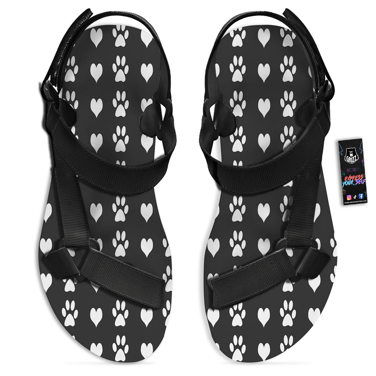 Heart And Black Paw Print Pattern Black Open Toe Sandals-grizzshop