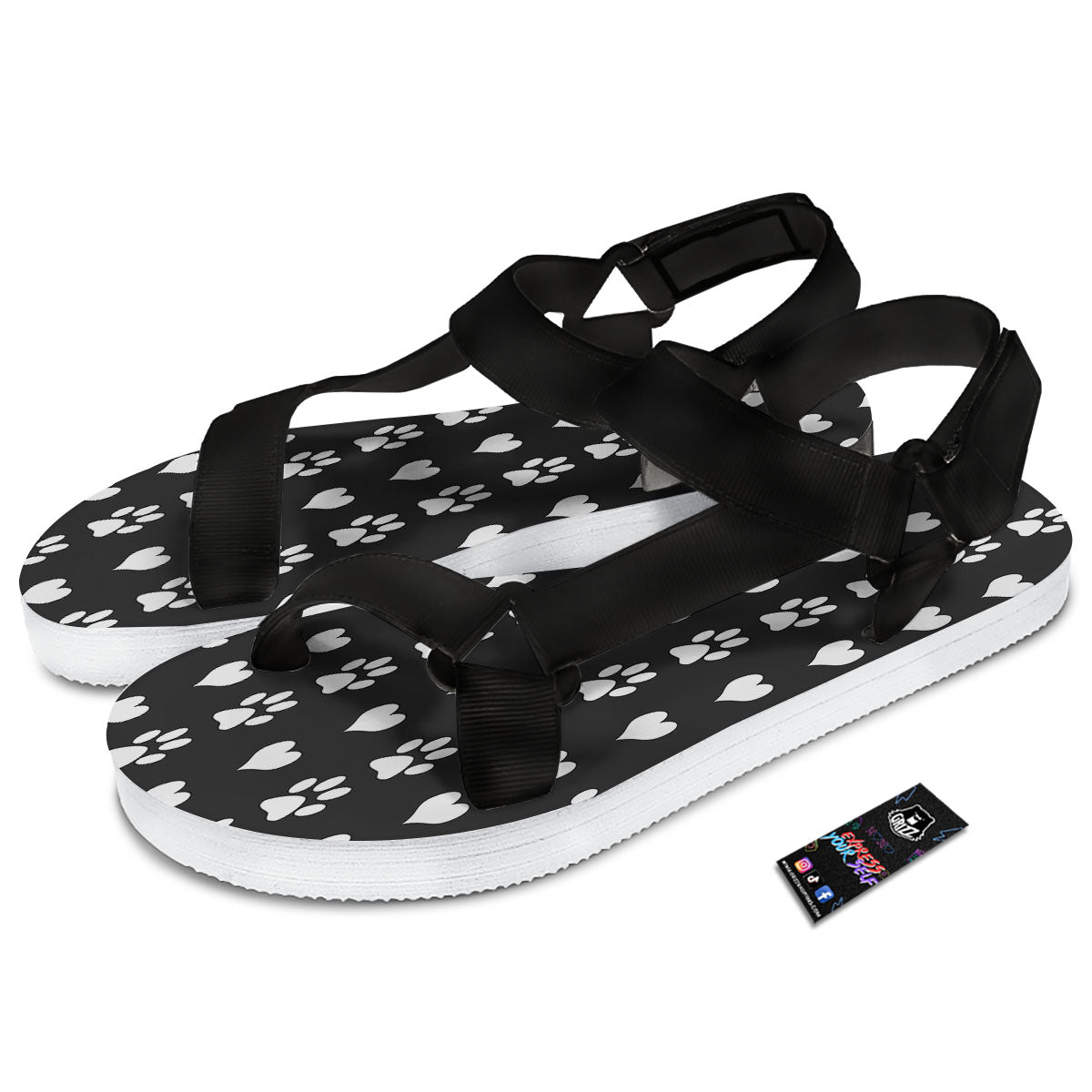 Heart And Black Paw Print Pattern Black Open Toe Sandals-grizzshop
