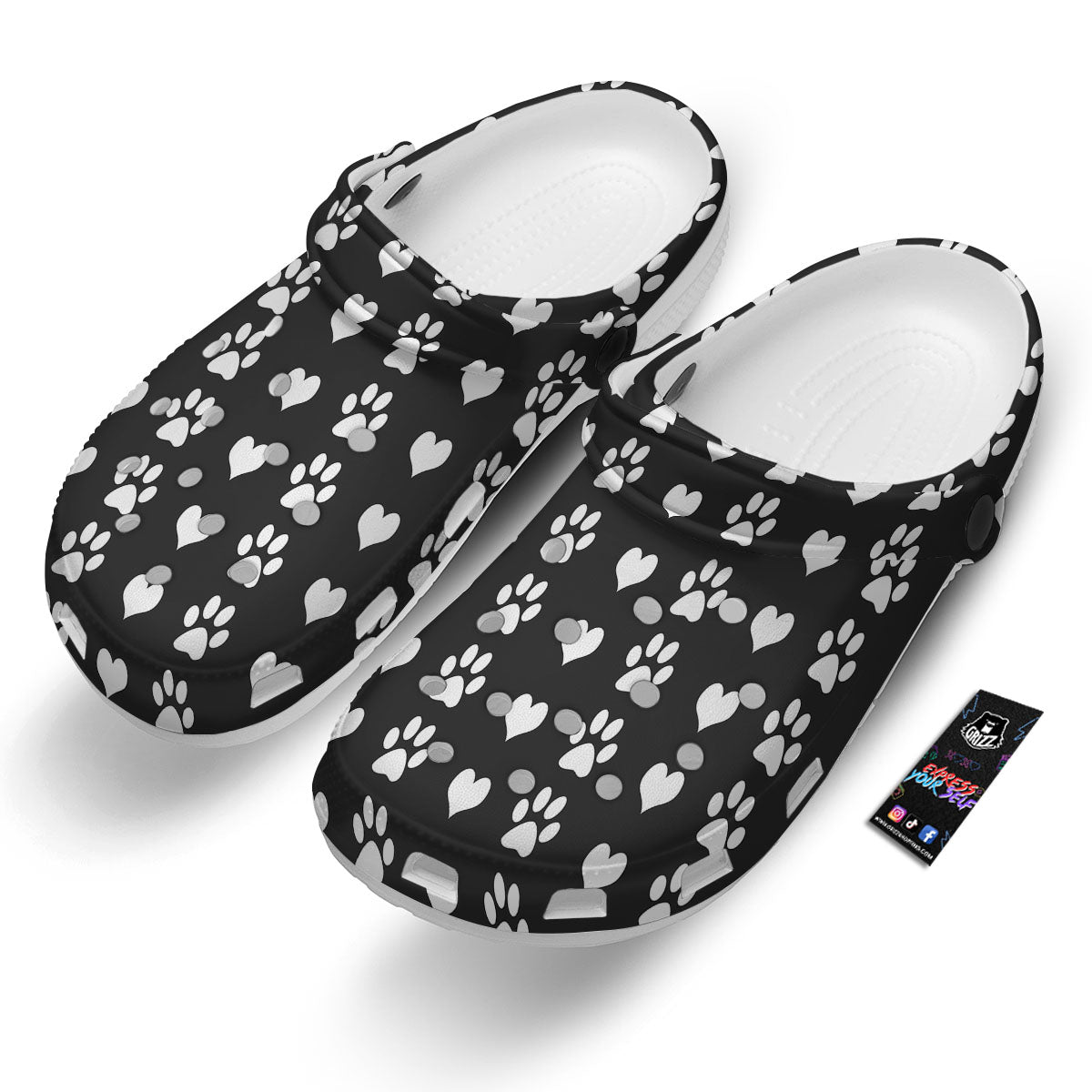 Heart And Black Paw Print Pattern Clog-grizzshop