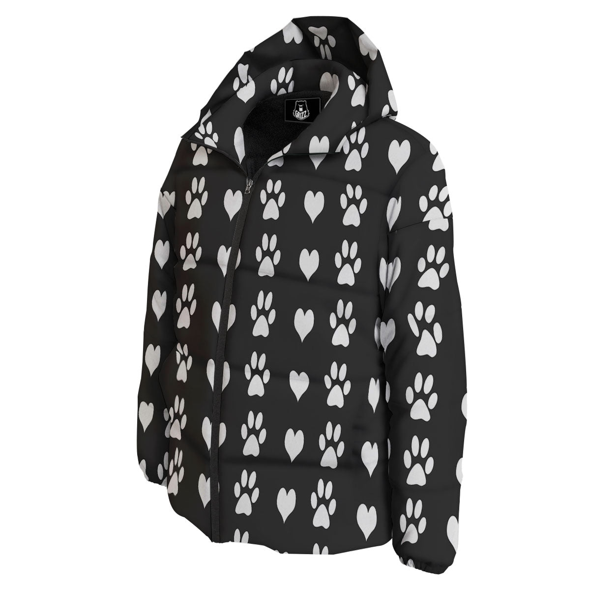 Heart And Black Paw Print Pattern Down Jacket-grizzshop