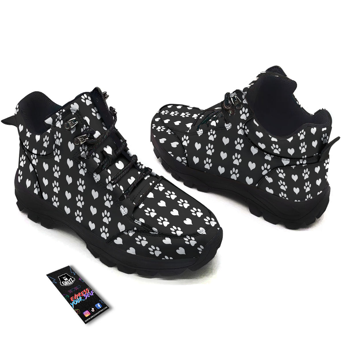 Heart And Black Paw Print Pattern Hiking Shoes-grizzshop