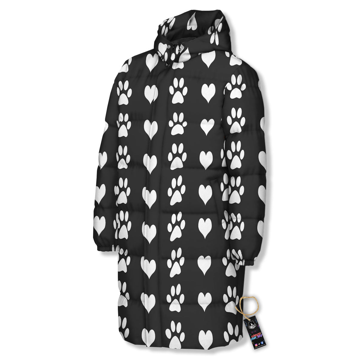 Heart And Black Paw Print Pattern Long Down Jacket-grizzshop