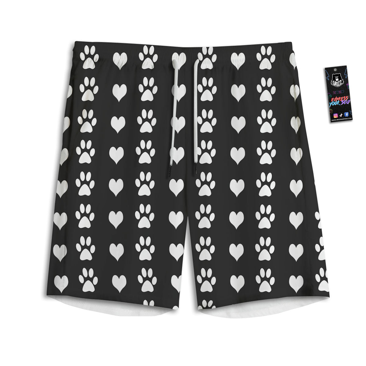 Heart And Black Paw Print Pattern Men's Athletic Shorts