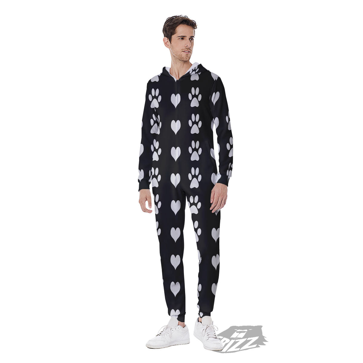 Heart And Black Paw Print Pattern Men's Jumpsuit-grizzshop
