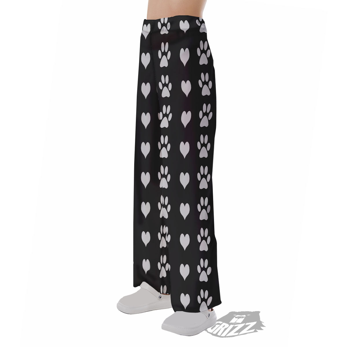 Heart And Black Paw Print Pattern Pajama Pants-grizzshop
