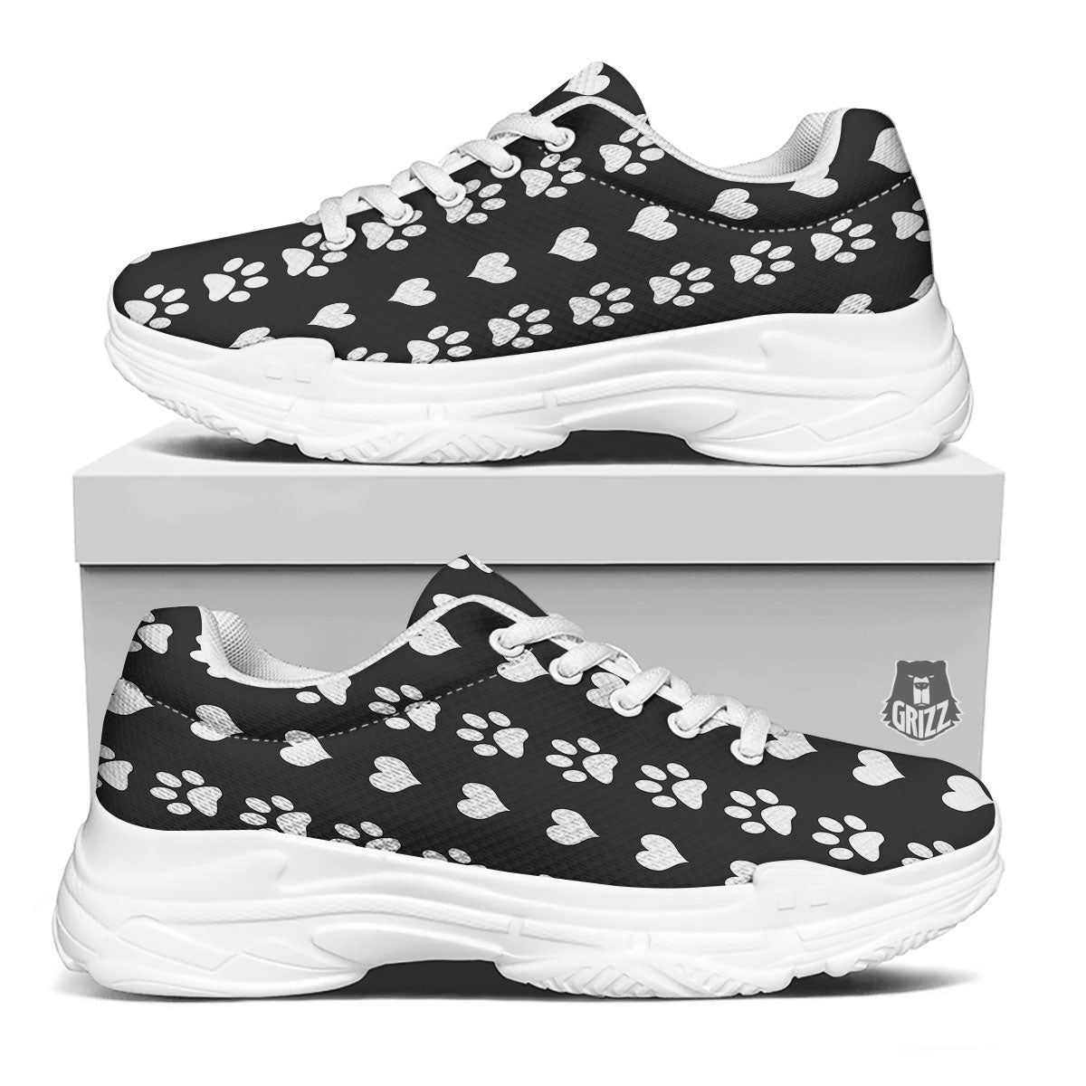 Heart And Black Paw Print Pattern White Chunky Shoes-grizzshop