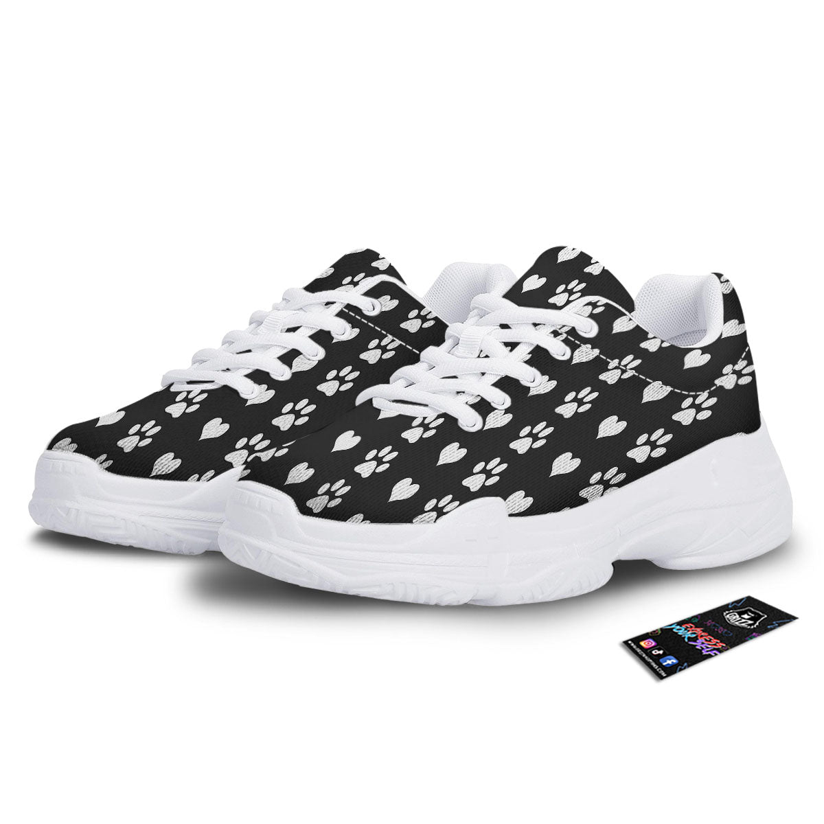 Heart And Black Paw Print Pattern White Chunky Shoes-grizzshop