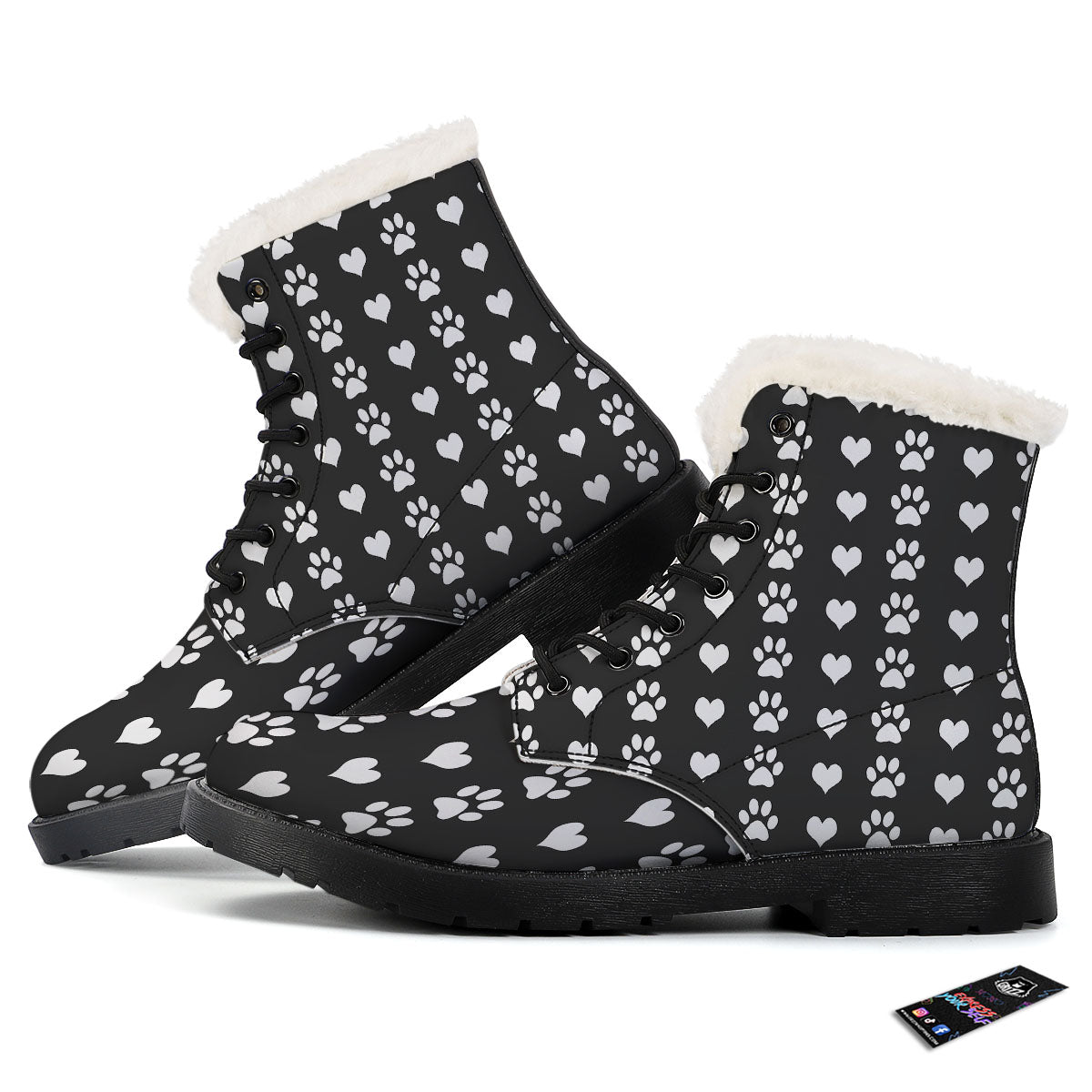 Heart And Black Paw Print Pattern Winter Boots-grizzshop