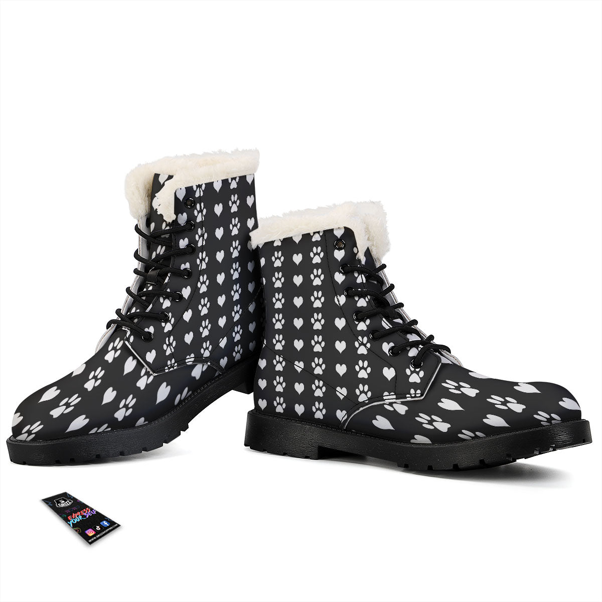 Heart And Black Paw Print Pattern Winter Boots-grizzshop