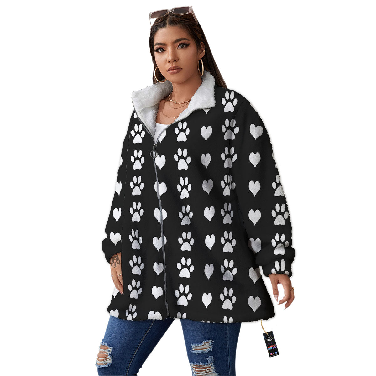 Heart And Black Paw Print Pattern Women's Sherpa Jacket-grizzshop