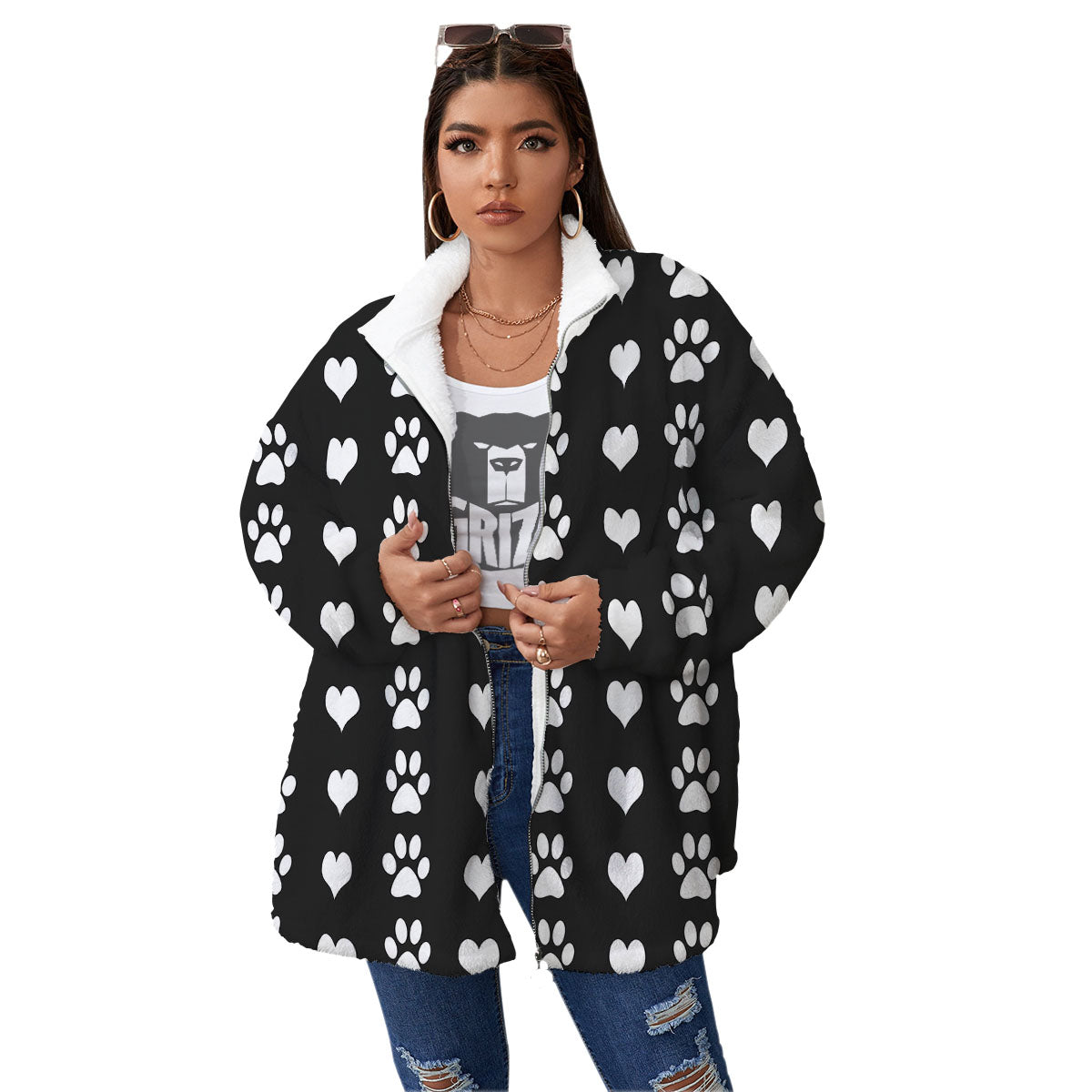 Heart And Black Paw Print Pattern Women's Sherpa Jacket-grizzshop