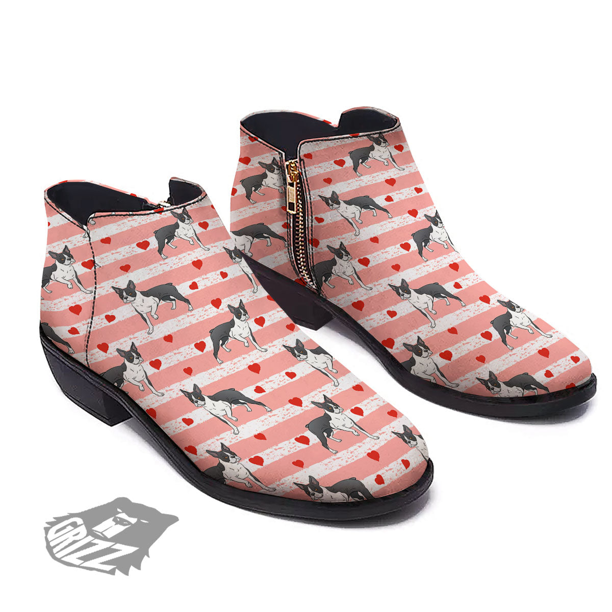 Heart And Boston Terrier Print Pattern Ankle Boots-grizzshop