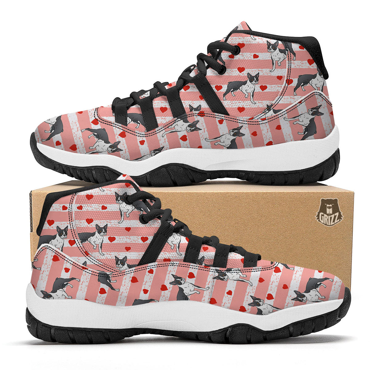 Heart And Boston Terrier Print Pattern Black Bball Shoes-grizzshop
