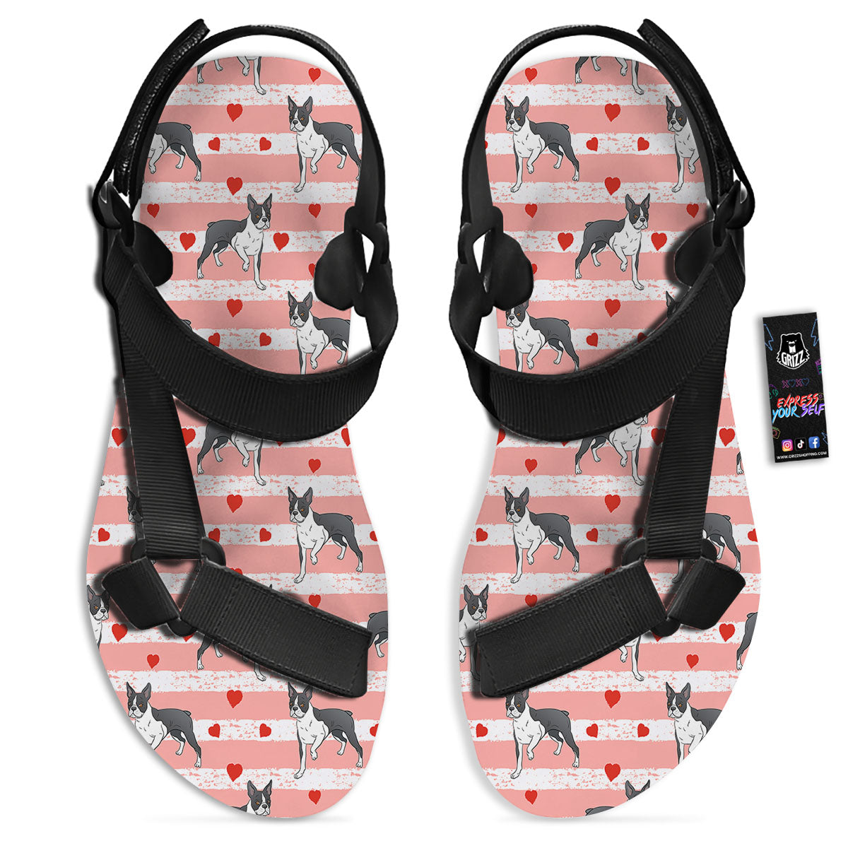 Heart And Boston Terrier Print Pattern Black Open Toe Sandals-grizzshop