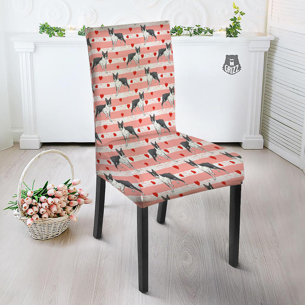 Heart And Boston Terrier Print Pattern Dining Chair Slipcover-grizzshop