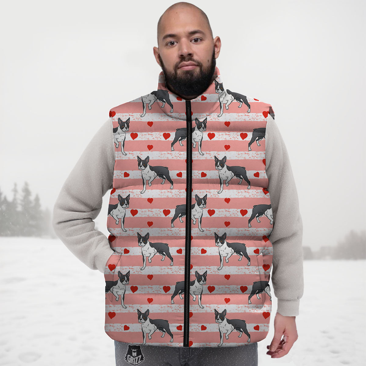 Heart And Boston Terrier Print Pattern Down Vest