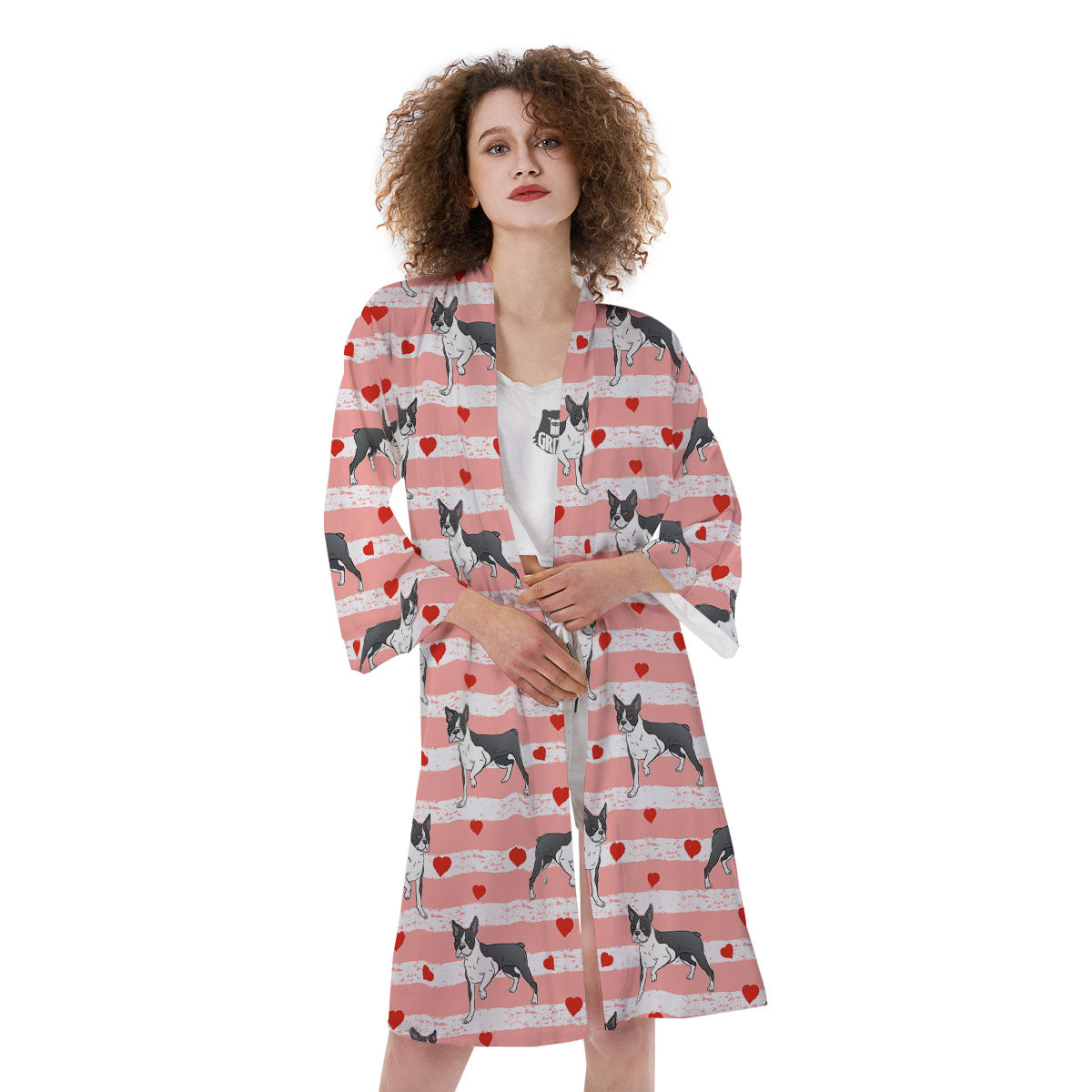 Heart And Boston Terrier Print Pattern Kimono-grizzshop