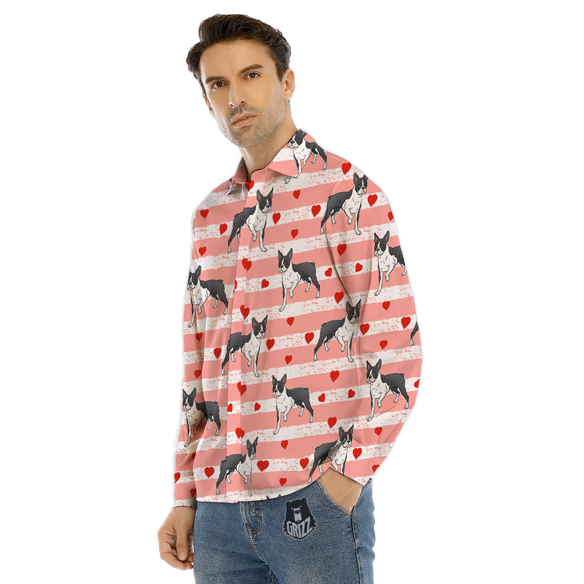Heart And Boston Terrier Print Pattern Men's Dress Shirts-grizzshop