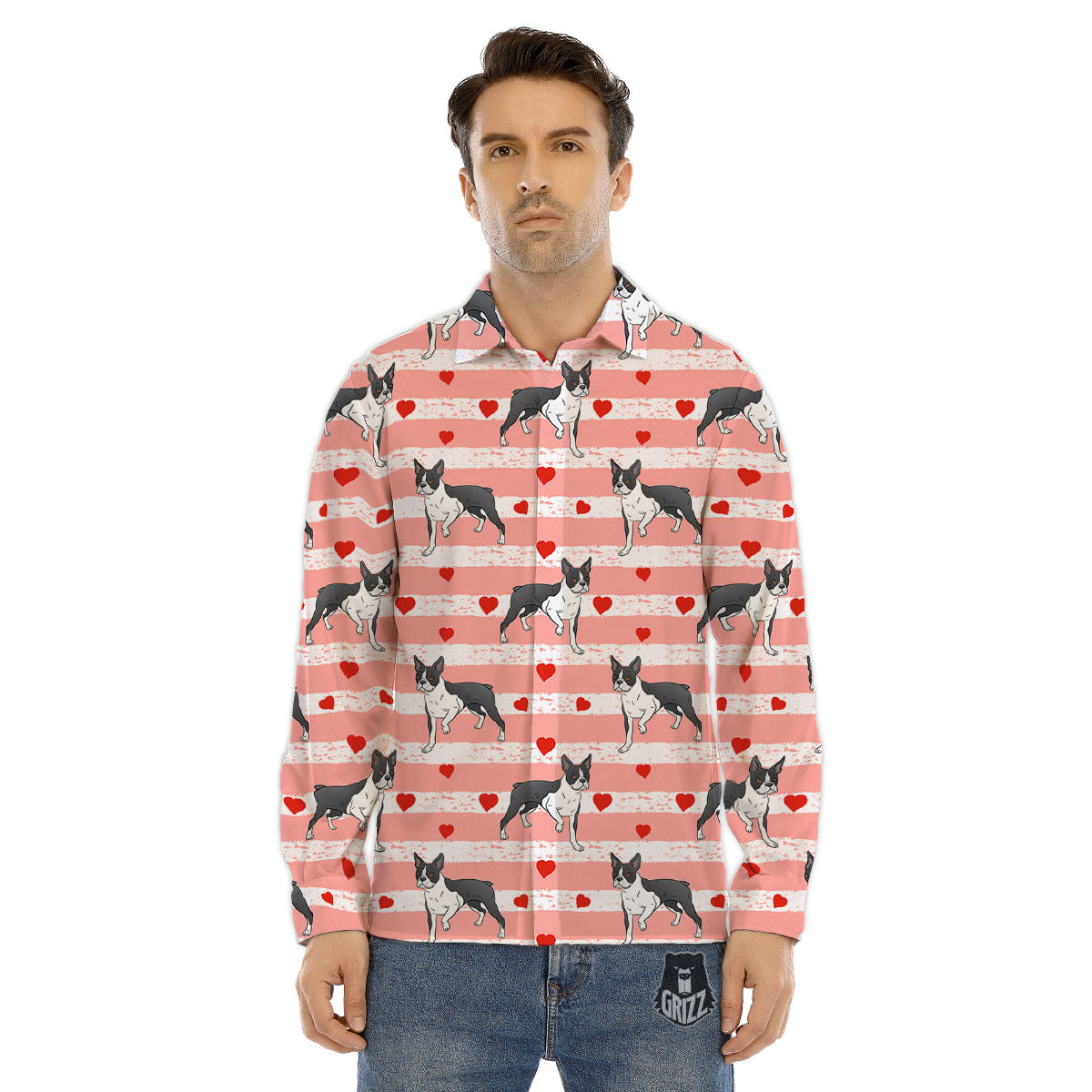 Heart And Boston Terrier Print Pattern Men's Dress Shirts-grizzshop