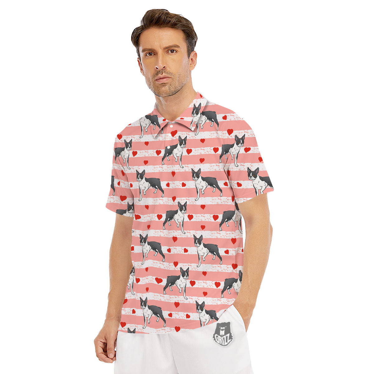 Heart And Boston Terrier Print Pattern Men's Golf Shirts-grizzshop