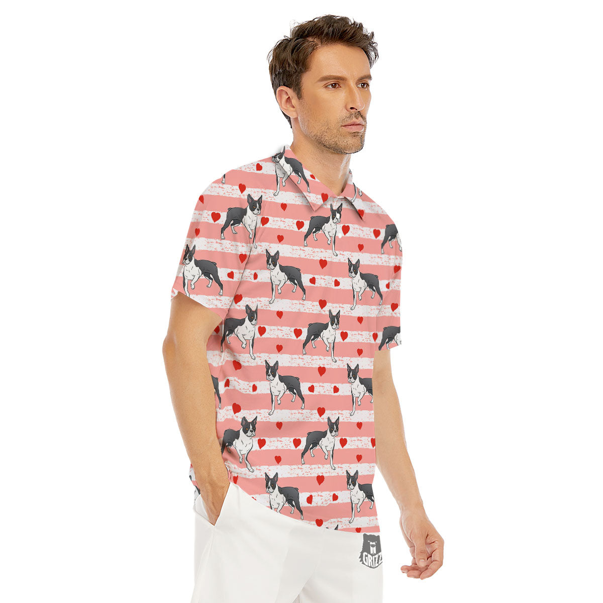 Heart And Boston Terrier Print Pattern Men's Golf Shirts-grizzshop