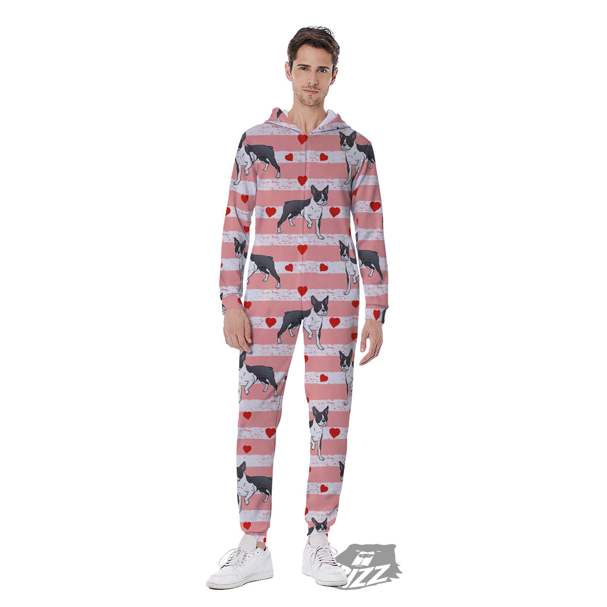 Heart And Boston Terrier Print Pattern Men's Jumpsuit-grizzshop
