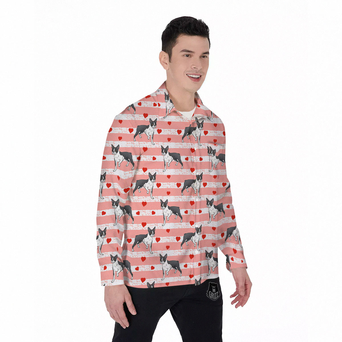 Heart And Boston Terrier Print Pattern Men's Long Sleeve Shirts-grizzshop