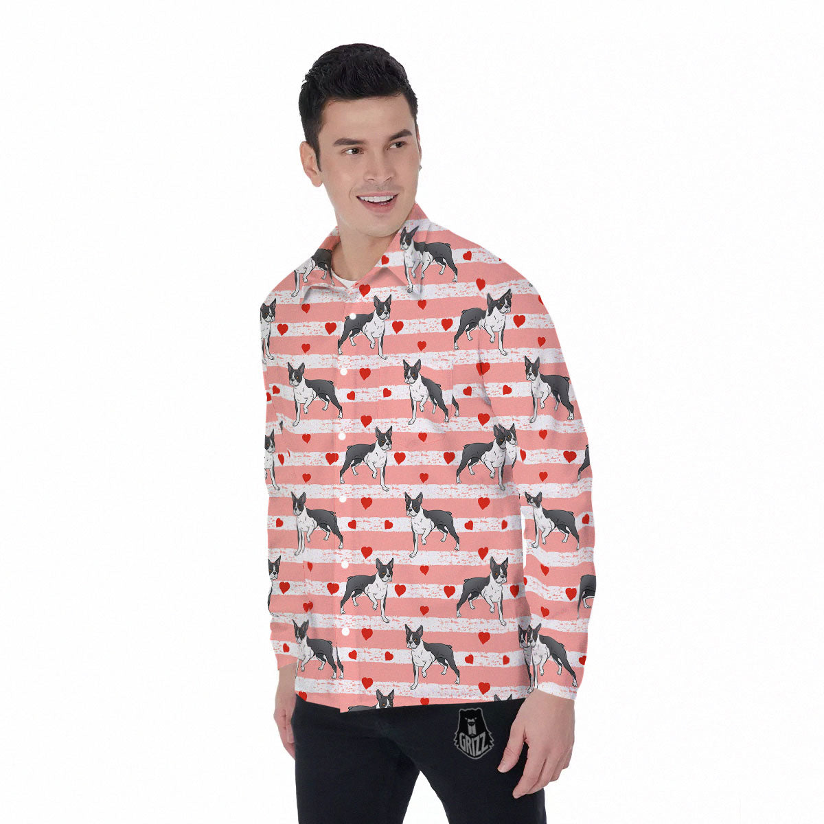 Heart And Boston Terrier Print Pattern Men's Long Sleeve Shirts-grizzshop