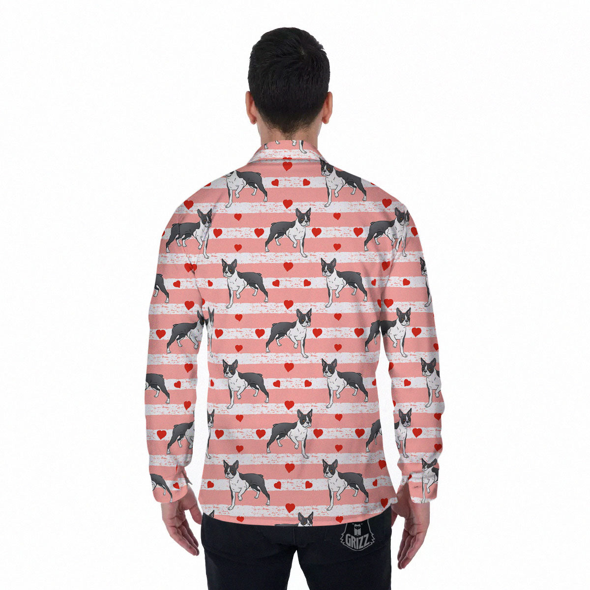 Heart And Boston Terrier Print Pattern Men's Long Sleeve Shirts-grizzshop
