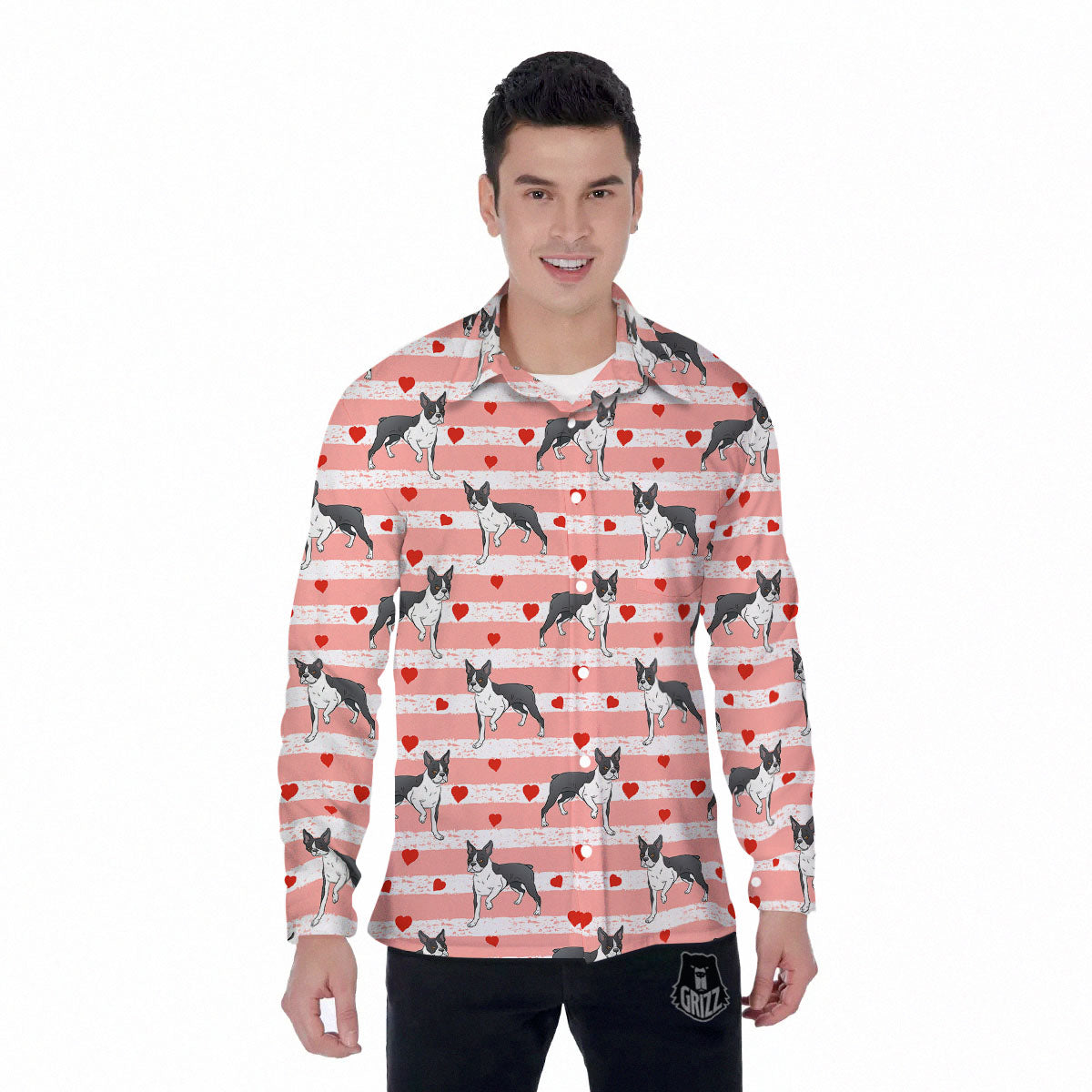 Heart And Boston Terrier Print Pattern Men's Long Sleeve Shirts-grizzshop