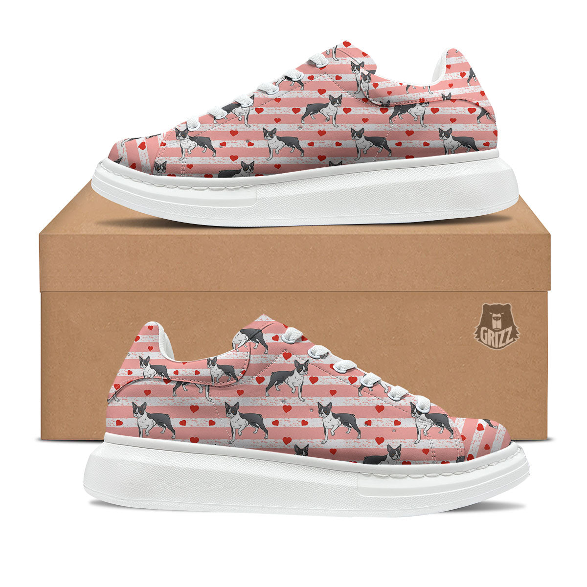 Heart And Boston Terrier Print Pattern Platform Shoes-grizzshop