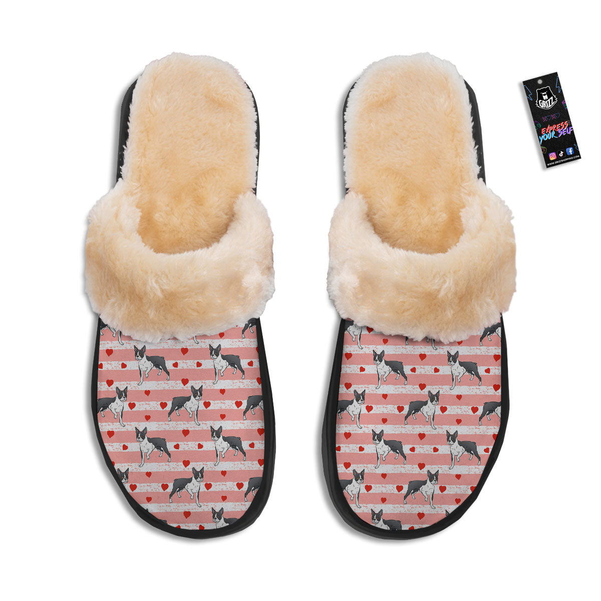 Heart And Boston Terrier Print Pattern Slippers-grizzshop