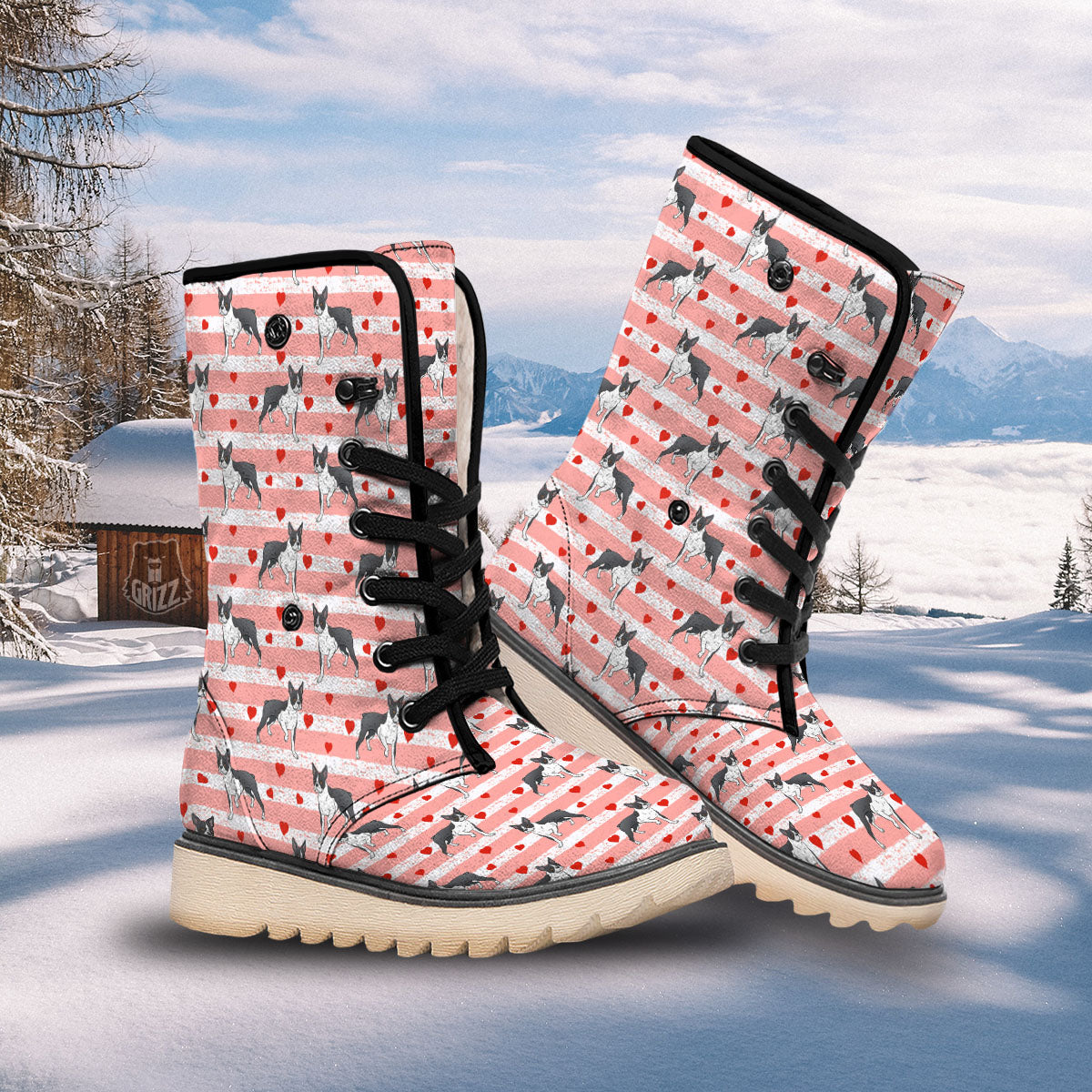 Heart And Boston Terrier Print Pattern Snow Boots-grizzshop
