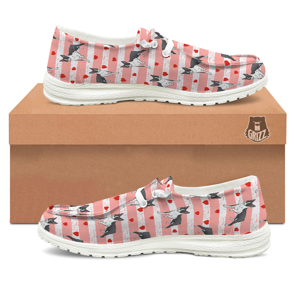 Heart And Boston Terrier Print Pattern White Loafers-grizzshop