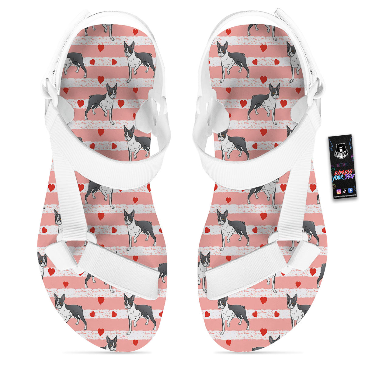 Heart And Boston Terrier Print Pattern White Open Toe Sandals-grizzshop