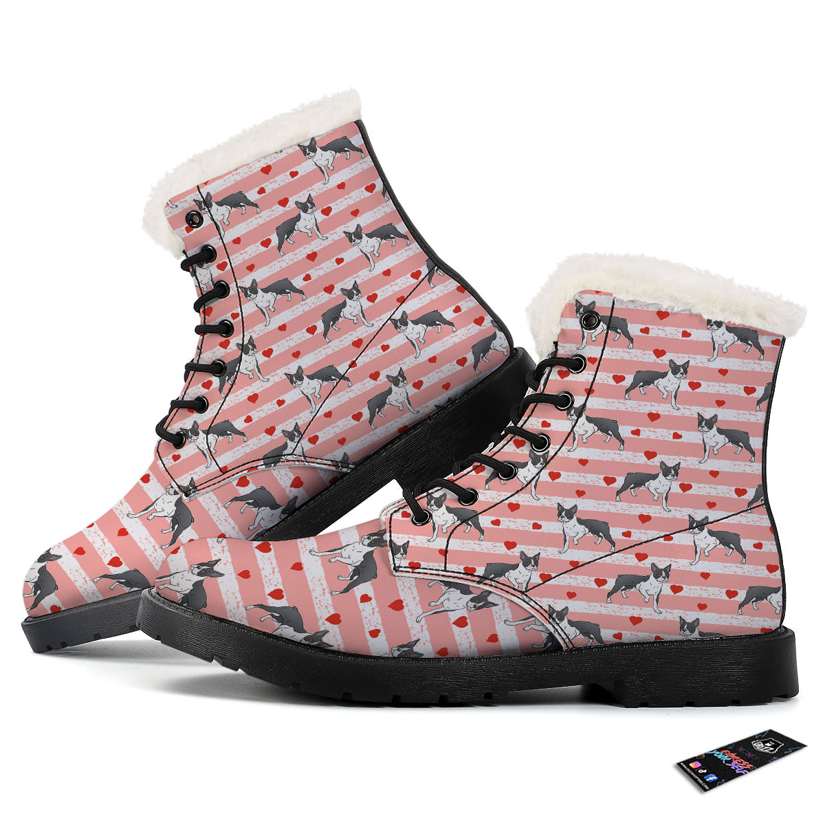 Heart And Boston Terrier Print Pattern Winter Boots-grizzshop