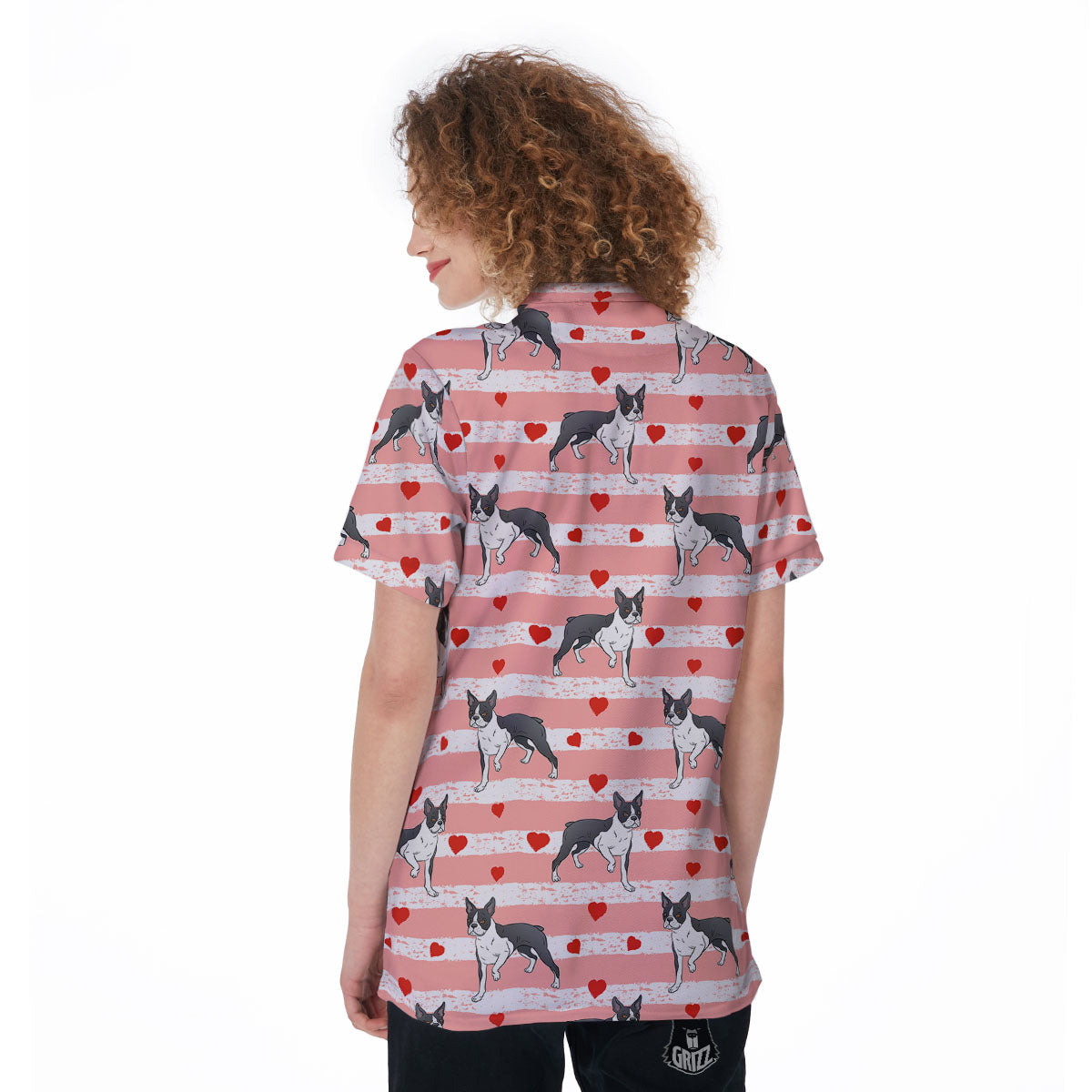 Heart And Boston Terrier Print Pattern Women's Golf Shirts-grizzshop