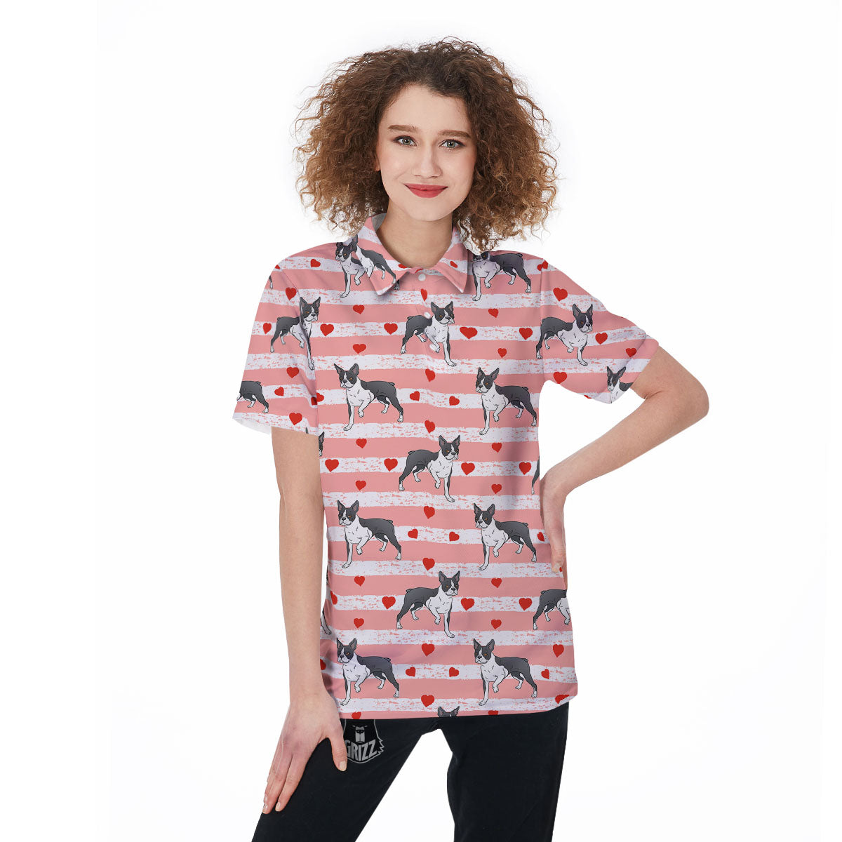 Heart And Boston Terrier Print Pattern Women's Golf Shirts-grizzshop
