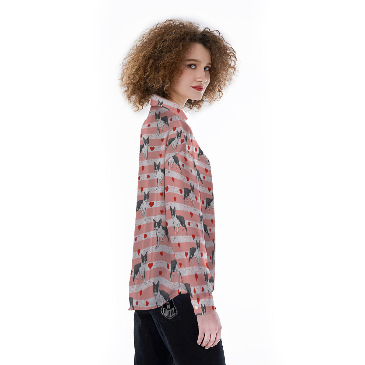 Heart And Boston Terrier Print Pattern Women's Long Sleeve Shirts-grizzshop