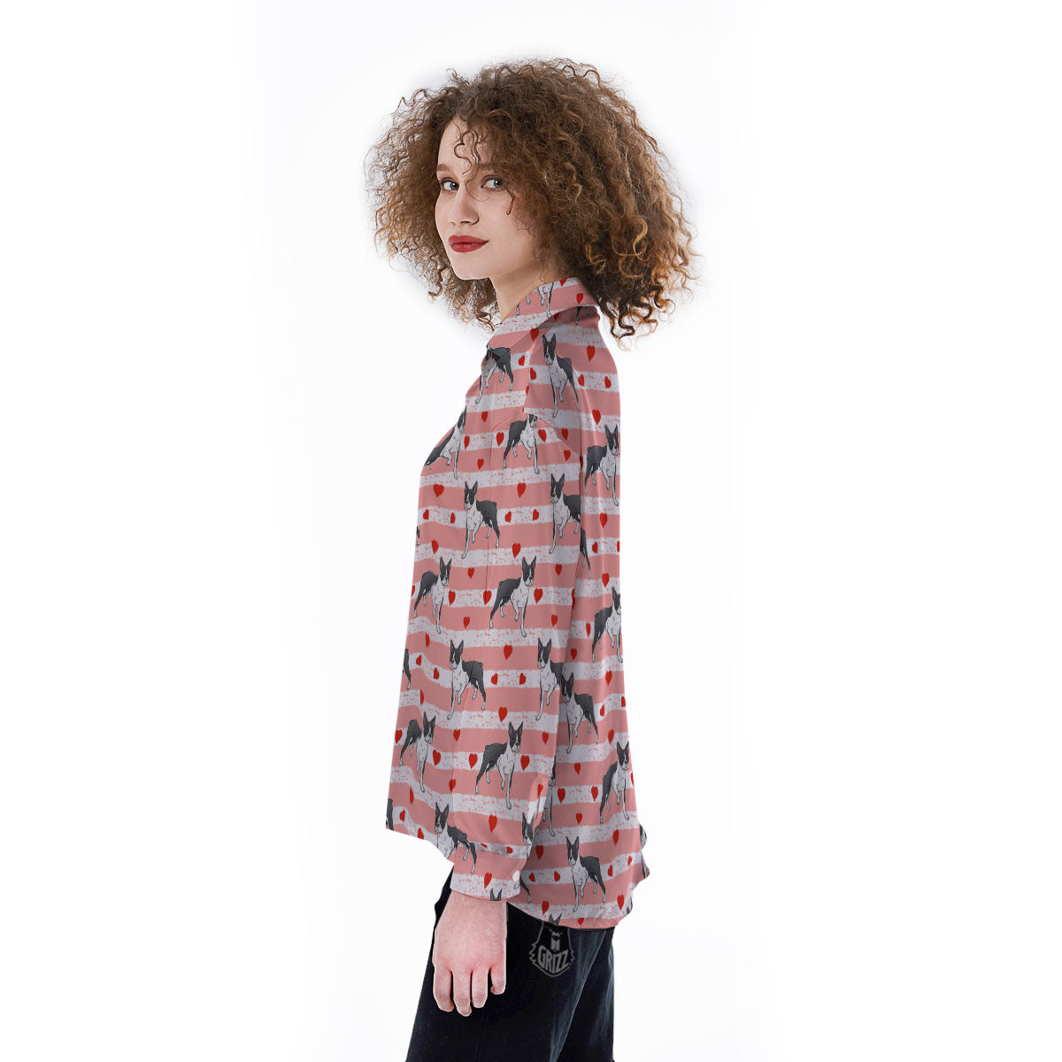 Heart And Boston Terrier Print Pattern Women's Long Sleeve Shirts-grizzshop