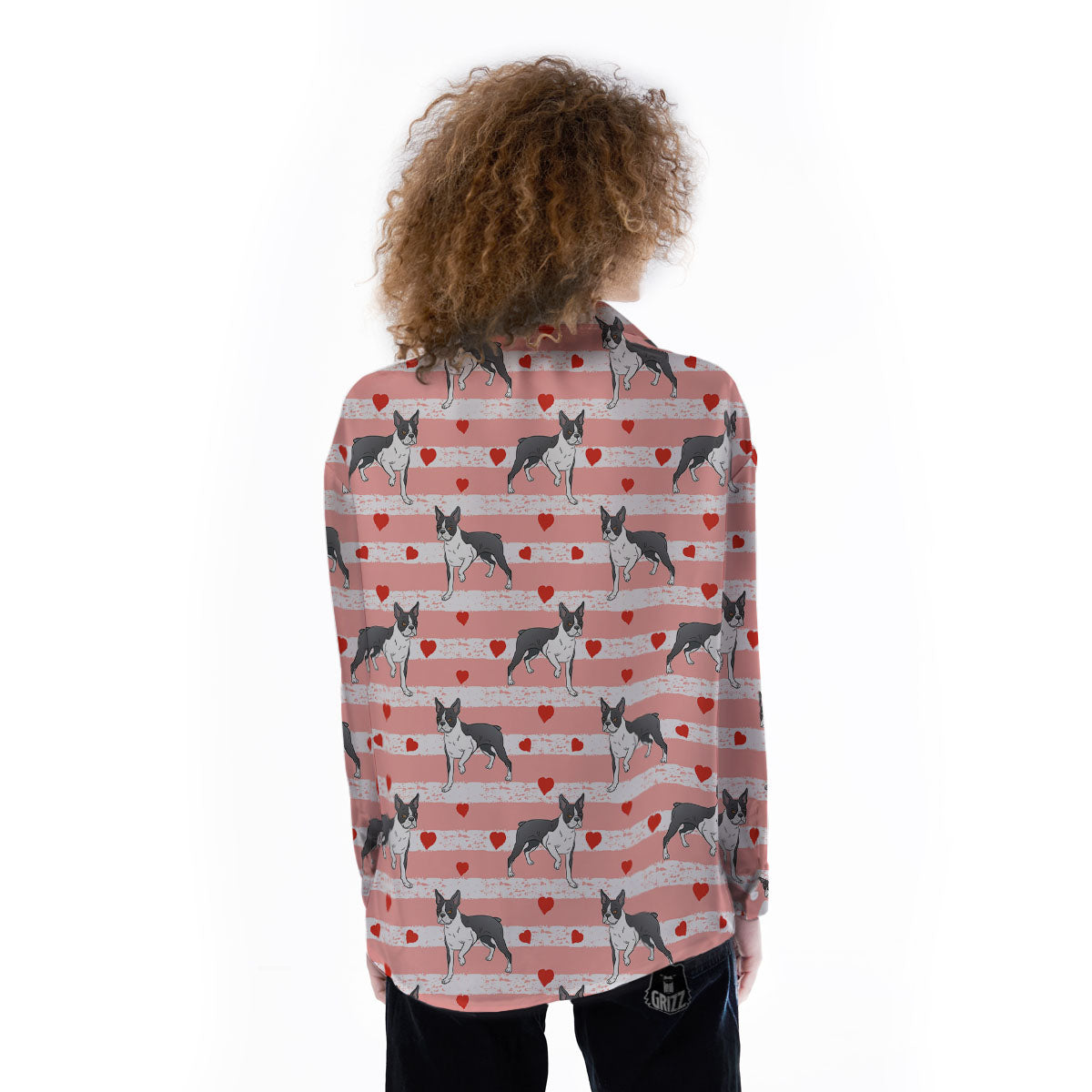 Heart And Boston Terrier Print Pattern Women's Long Sleeve Shirts-grizzshop