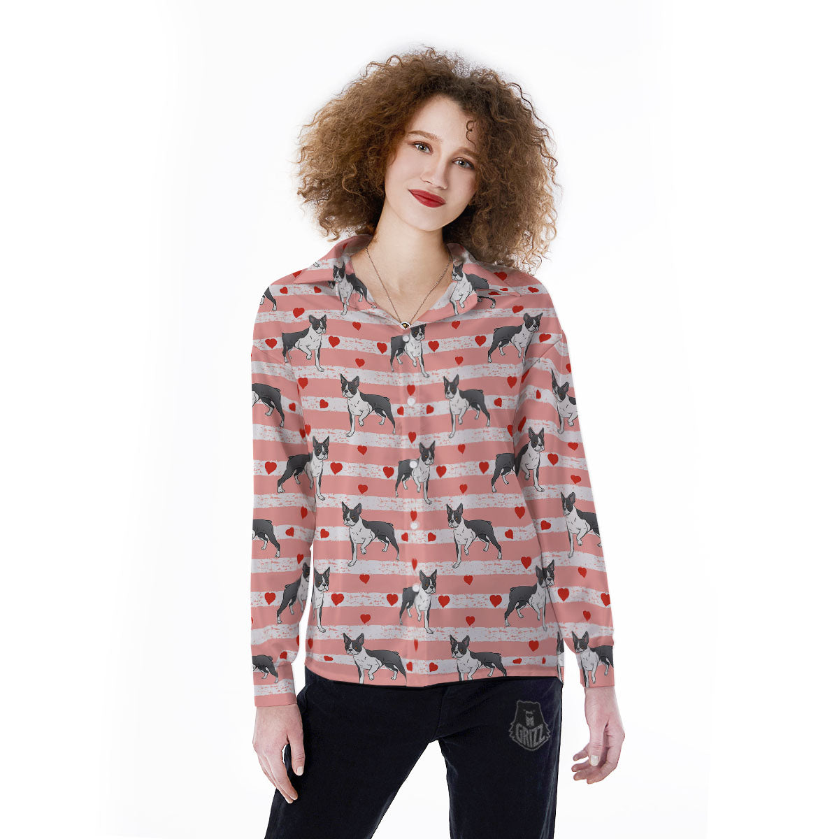 Heart And Boston Terrier Print Pattern Women's Long Sleeve Shirts-grizzshop