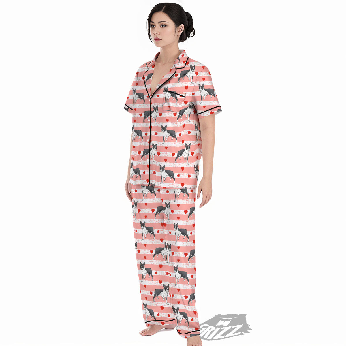 Heart And Boston Terrier Print Pattern Women's Pajamas Set-grizzshop