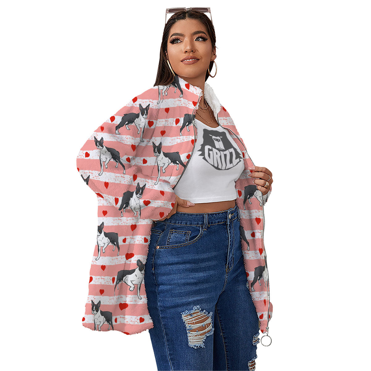 Heart And Boston Terrier Print Pattern Women's Sherpa Jacket-grizzshop