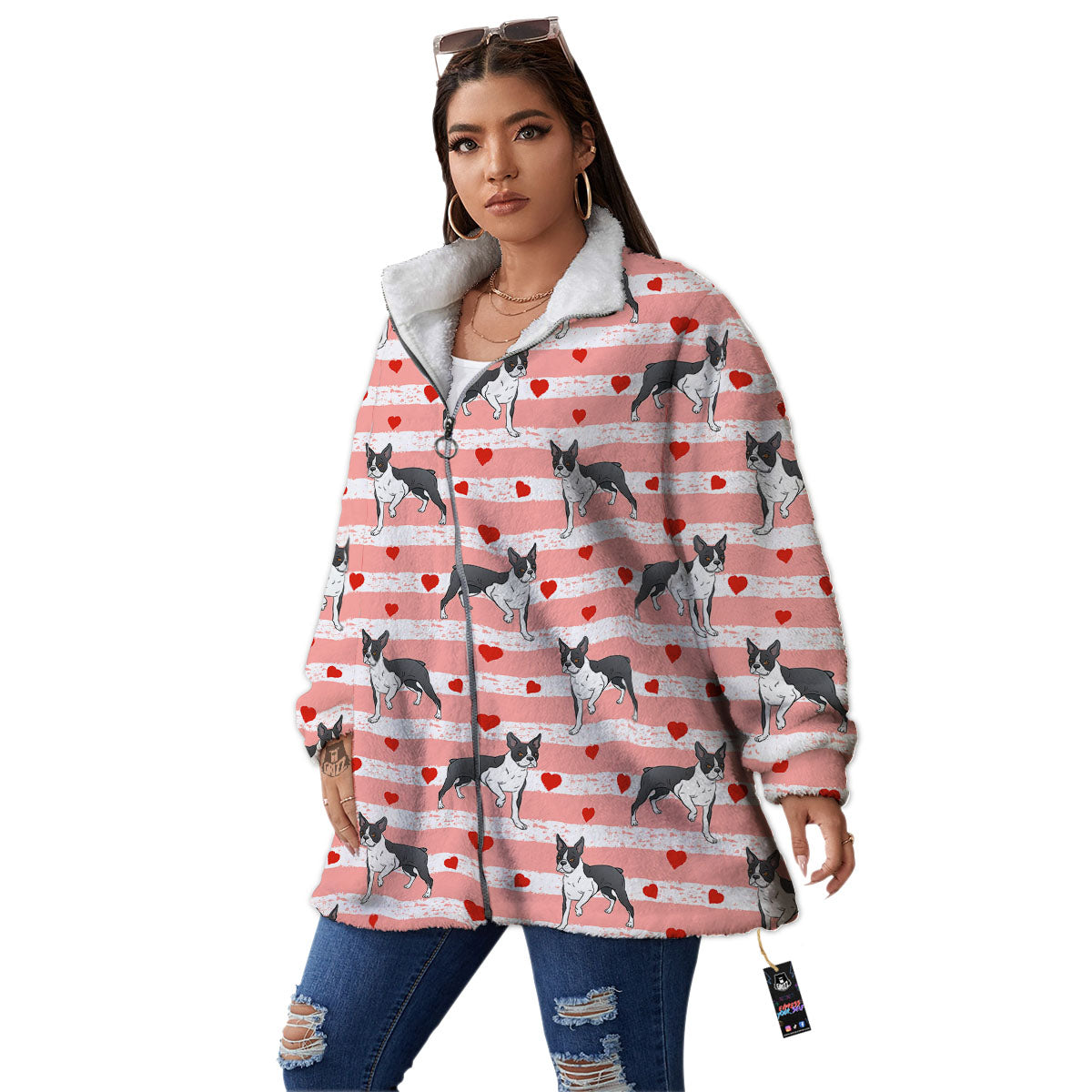 Heart And Boston Terrier Print Pattern Women's Sherpa Jacket-grizzshop