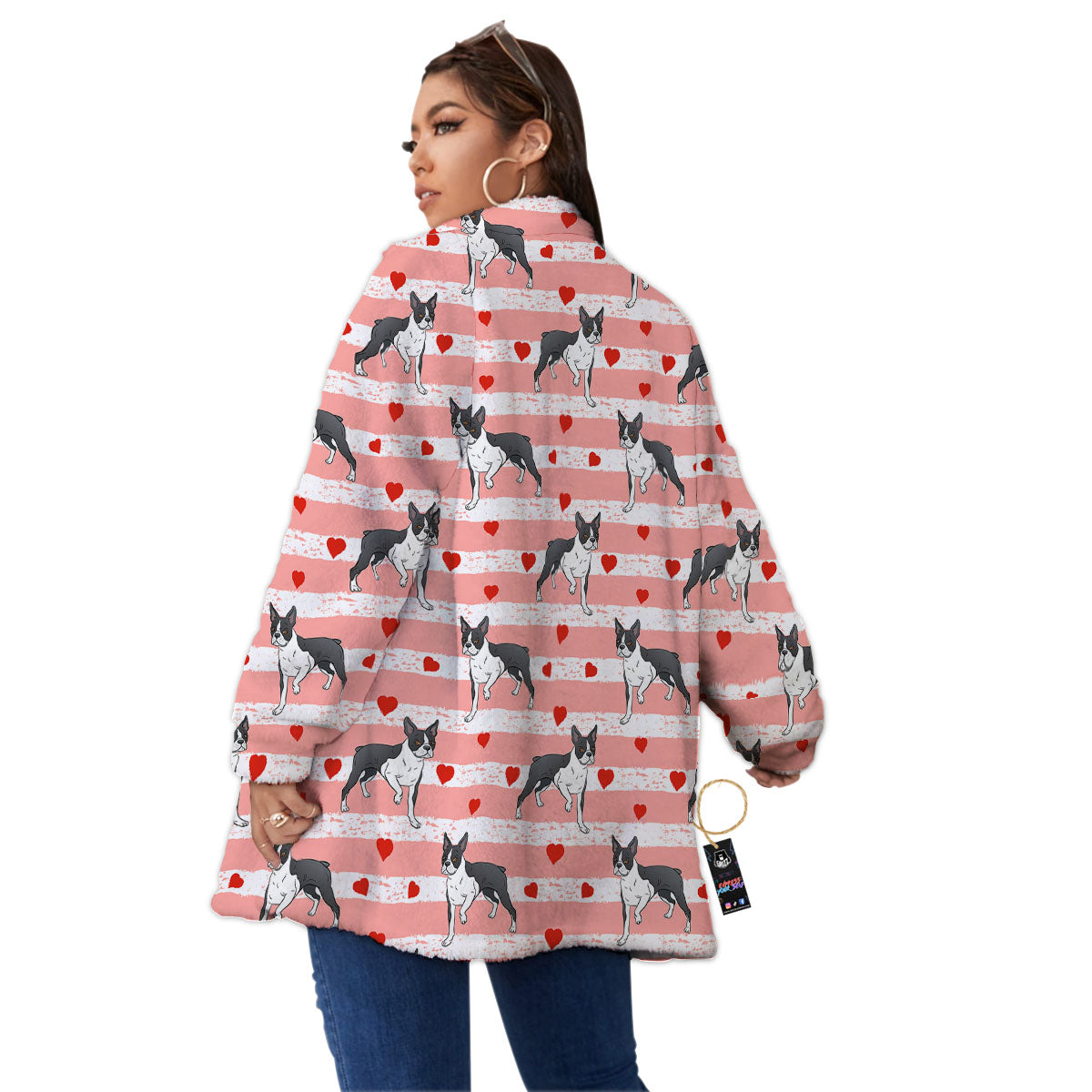 Heart And Boston Terrier Print Pattern Women's Sherpa Jacket-grizzshop